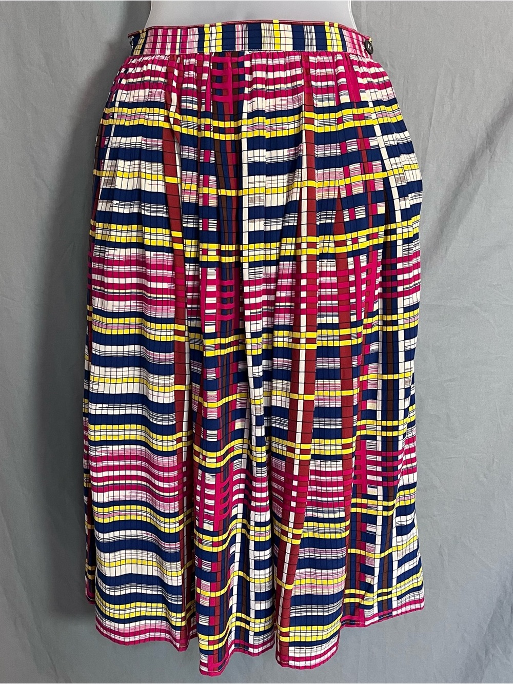 Vintage Jack Mulqueen 100% Silk Abstract Plaid Midi Skirt Pockets Size 0 / 6